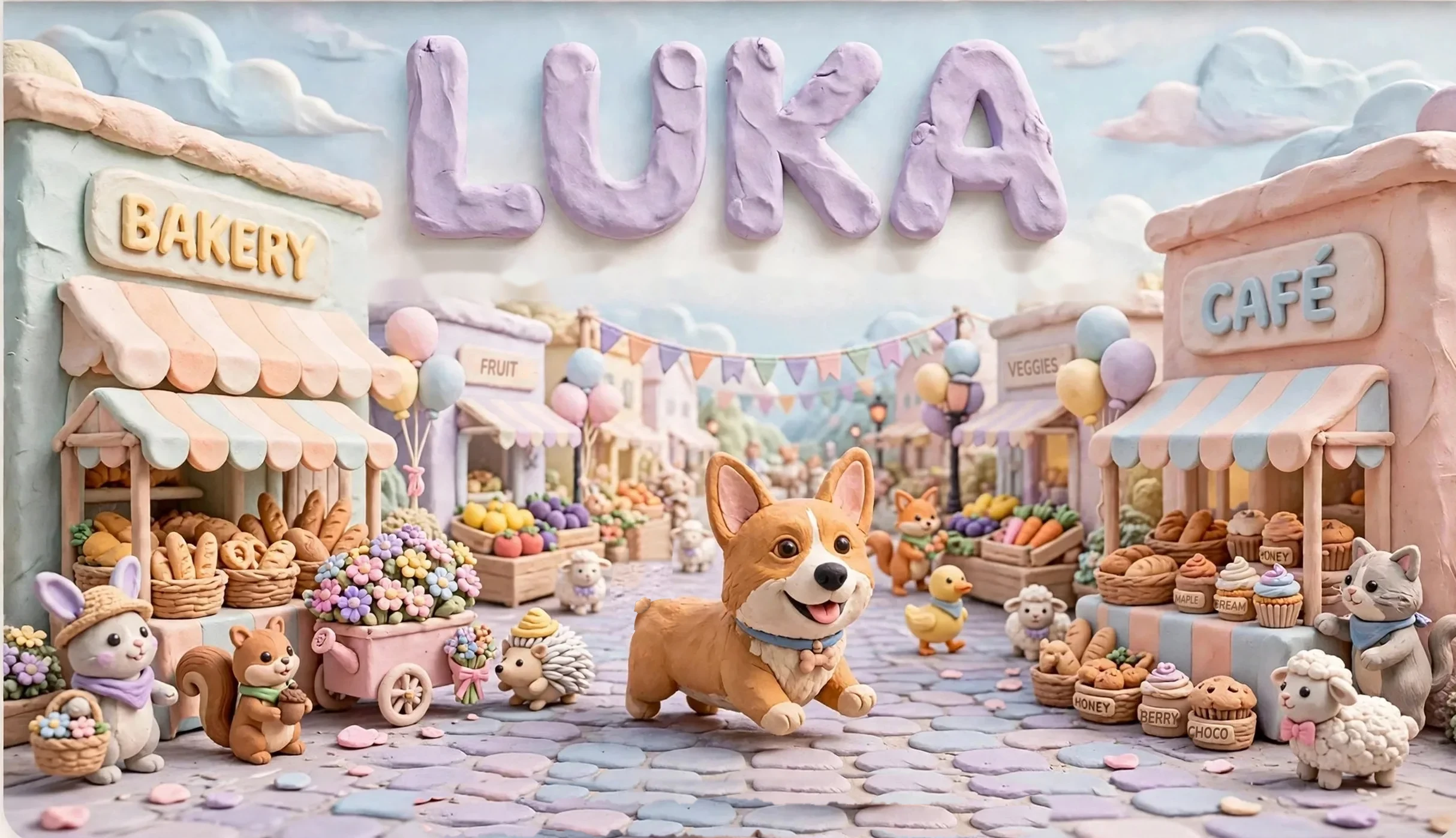 A pastel clay market town: the word LUKA in giant lilac clay letters over a bakery and a cafe, with Luka the corgi trotting down the cobblestones among clay animal friends, past a fruit stand, a veggie stall and a flower cart.