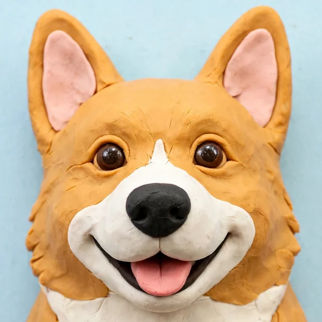 Luka the corgi as a clay portrait, smiling